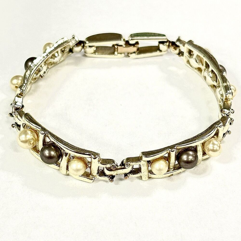 Vintage Signed Sarah Coventry SC Gold Gray Cream Faux Pearl Link Bracelet Mod